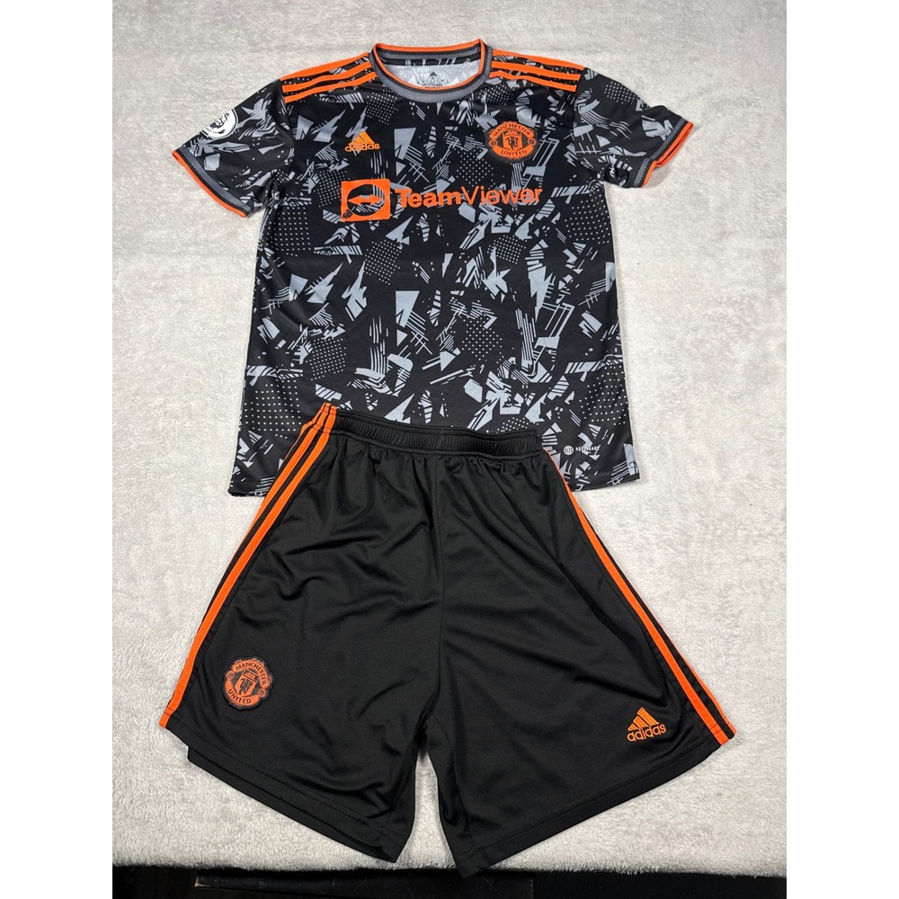 Adidas Manchester United Set Mens S Black Orange Soccer Jersey Shorts Kit